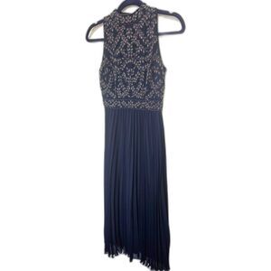 Lace & Beads Navy Blue Beaded Embellished Pleated Maxi Gown Size 6 Made in India